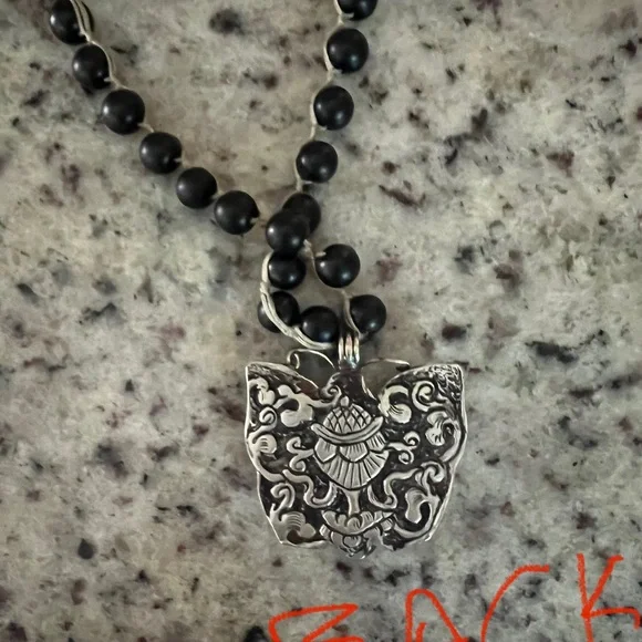 Silver and Black Butterfly Pendant Necklace - Picture 3 of 4